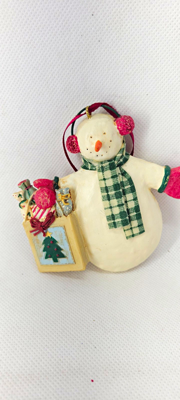 Debbie Mumm Snowman Plaid Christmas Ornament Earmuffs Shopping Bag 4” Vintage